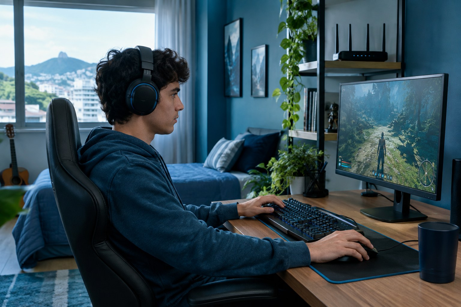 Pessoa jogando no computador e verificando a estabilidade da conexão