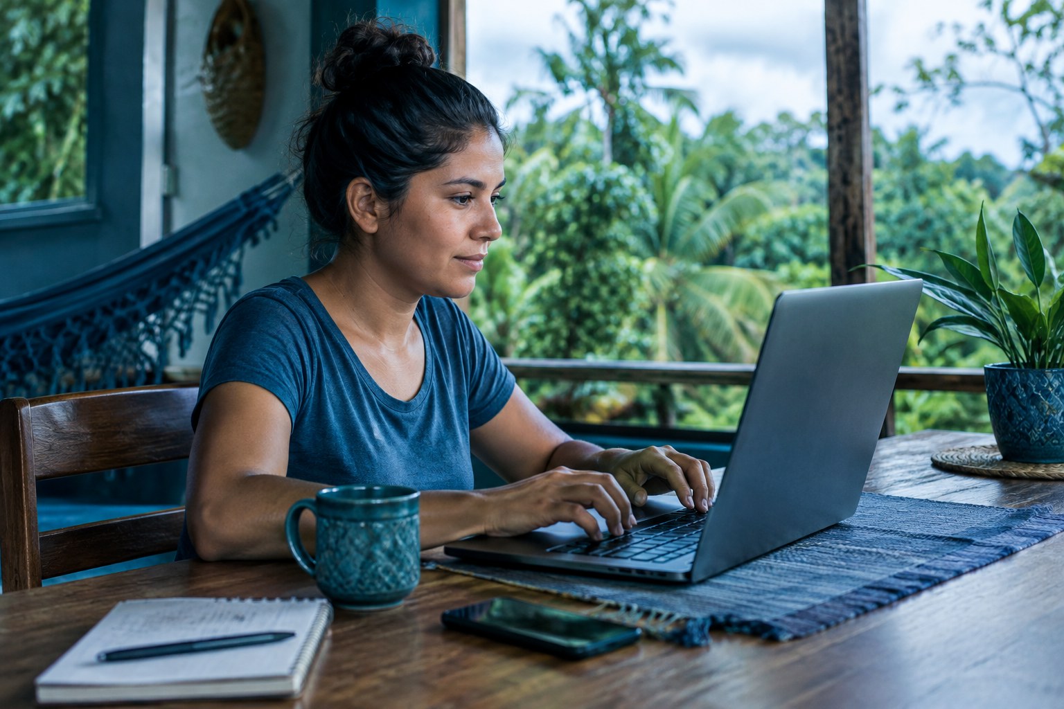 Pessoa trabalhando no notebook em casa com paisagem verde de Belterra