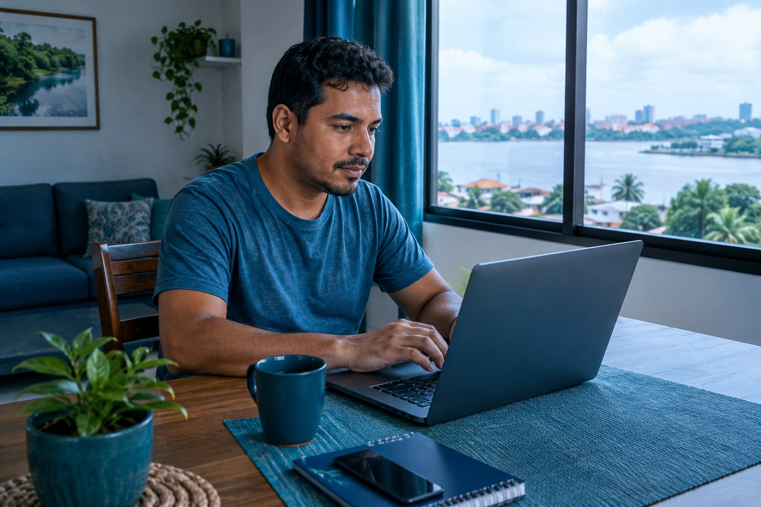 Pessoa usando notebook em casa com ambiente urbano amazônico ao fundo