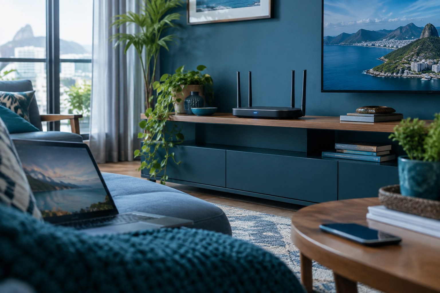 Roteador moderno em uma casa com vários aparelhos conectados